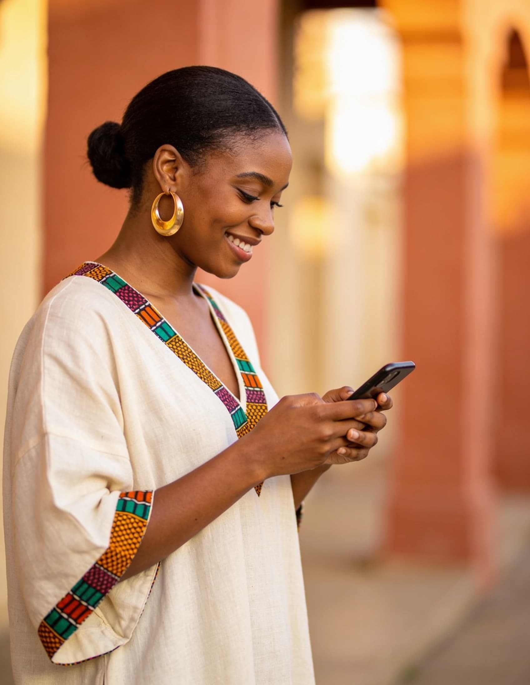 A shopper smiling at her phone, wearing a cream tunic with Ankara trim and gold hoops