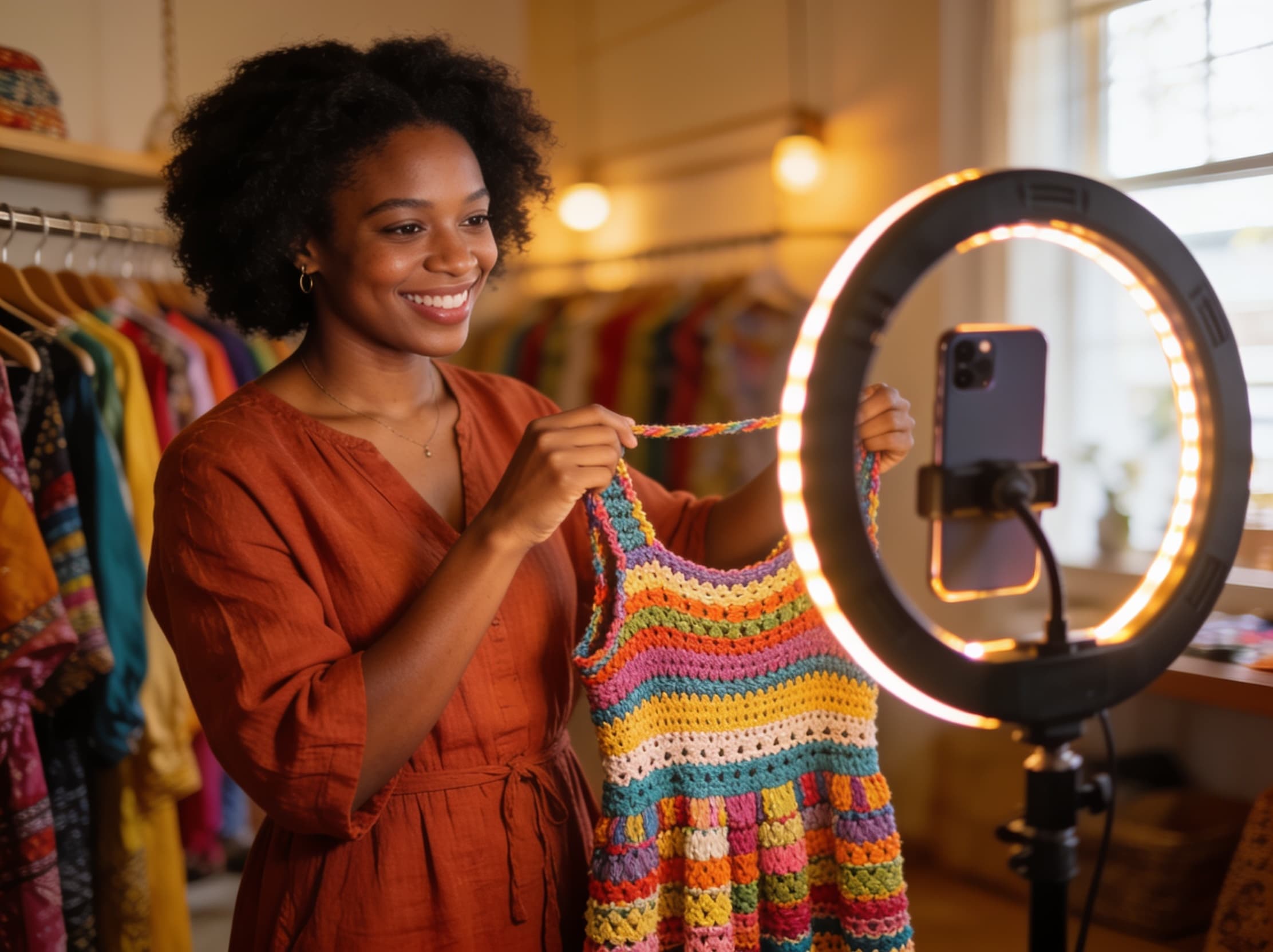 A founding seller livestreaming her boutique with a ring light